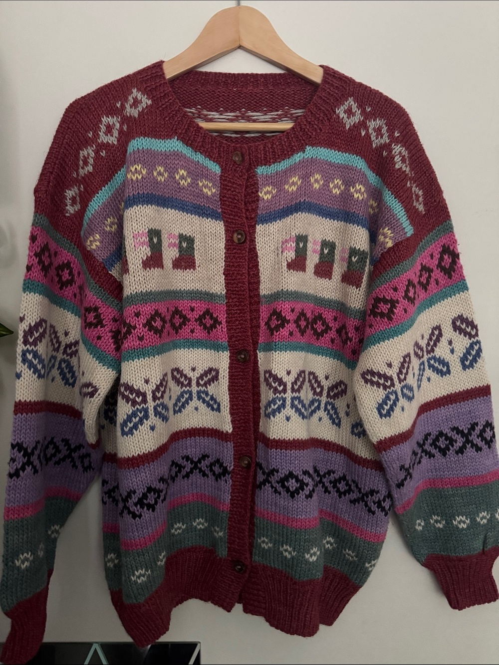 Vintage Wool Knit Cardigan Sweater - Burgundy, Cream, Pink, Teal, Purple